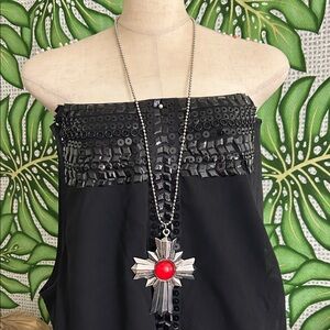 🖤Vintage HUGE Cross Pendant Necklace with Red cabochon